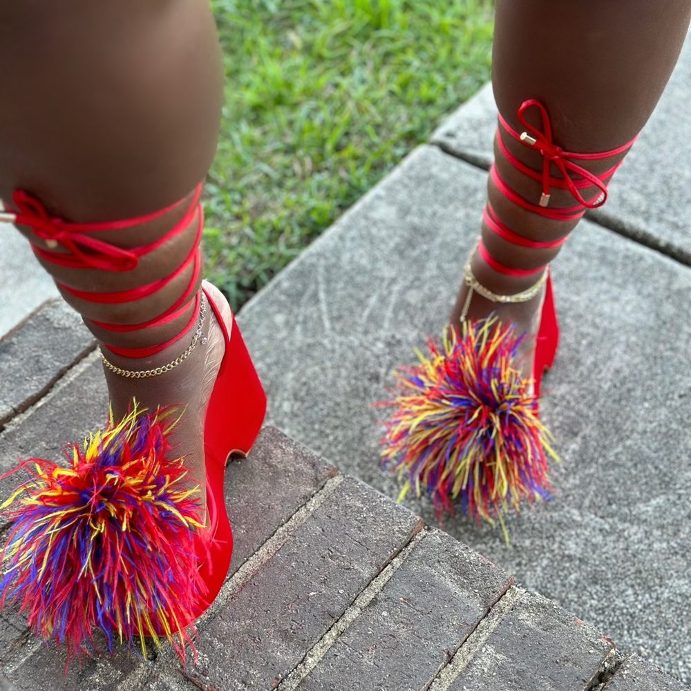 Material satin wedge and string tie with gold tip &  100% ostrich feathers